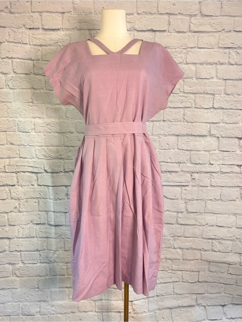 Vintage Lavender Dress w Belt Criss Cross Neckline Pleated Dapper Pinup Twee